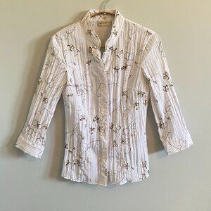 Embroidered Button Down Shirt with Tapered Waist and Trim Detail Y2K